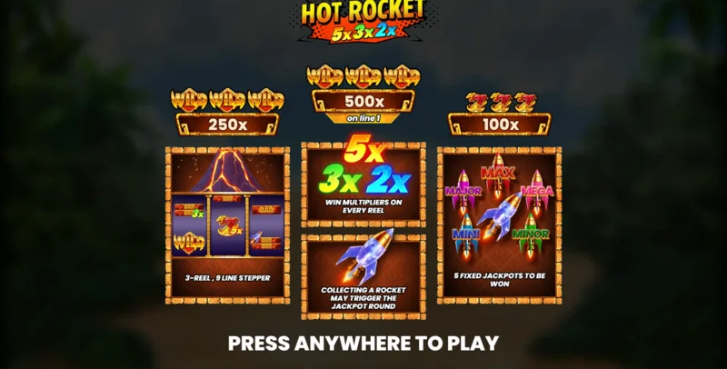 Hot Rocket 5x 3x 2x - เมนูหลักพร้อมวงล้อและปุ่มเริ่ม